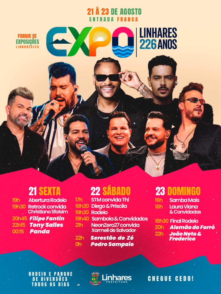 Expo Linhares 226 anos anuncia shows com com Pedro Sampaio, Panda, João Neto & Frederico, Tony Salles e rodeio